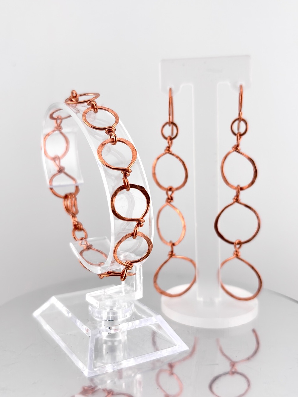 HANDMADE Copper Wire Wrapped Dangle Earrings and Bracelet Set, Artisan Jewelry